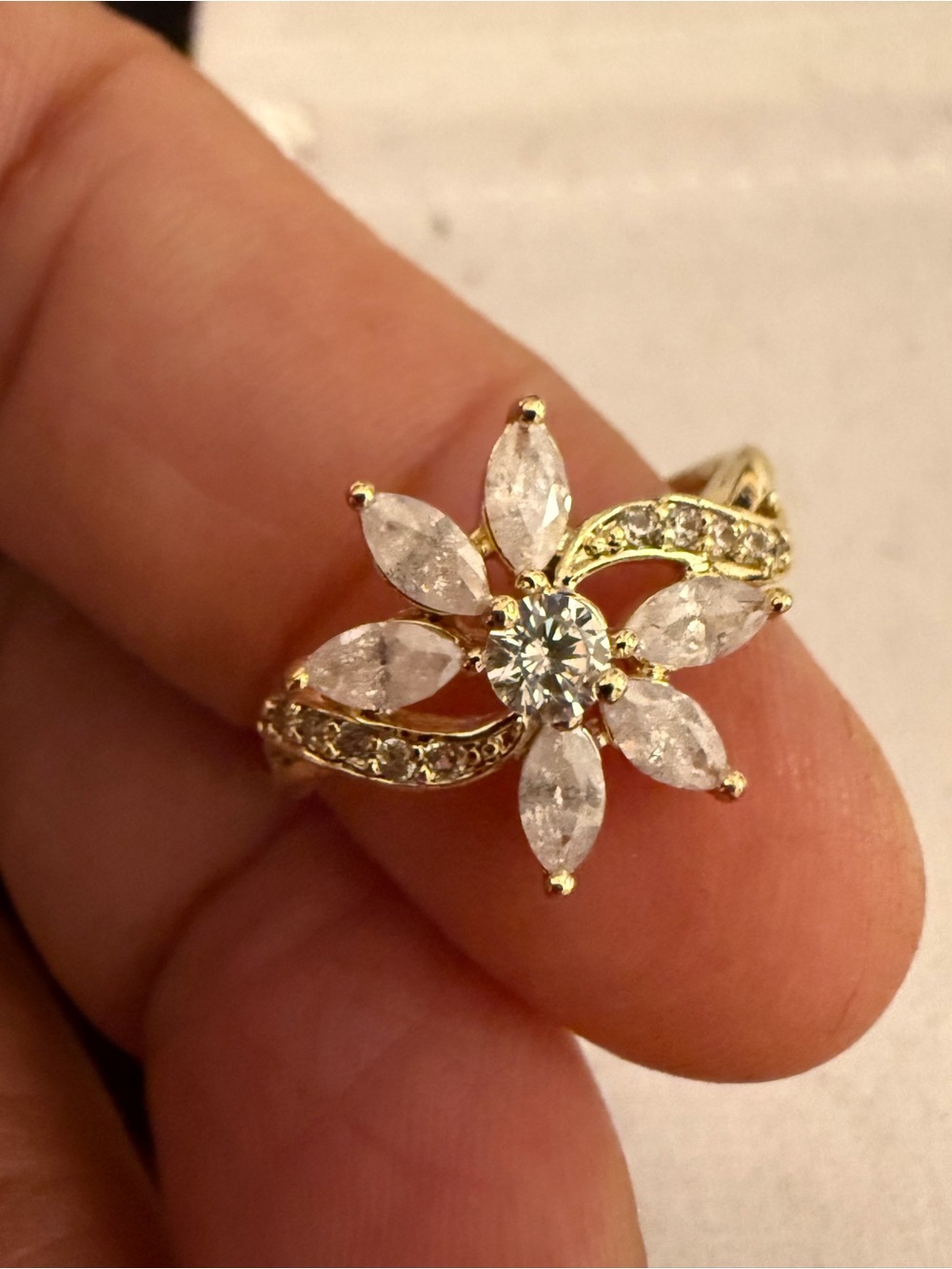Gold Flower Halo Ring with Clear Stones - Women Jewelry